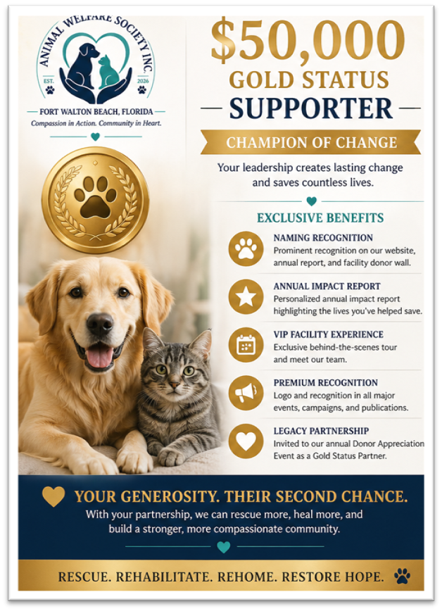 $50,000 Gold Status Supporter — Champion of Change. Exclusive benefits: Naming Recognition, Annual Impact Report, VIP Facility Experience, Premium Recognition, Legacy Partnership.