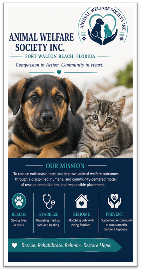 Animal Welfare Society Inc. — Fort Walton Beach, Florida. Our Mission: Rescue, Stabilize, Rehome, Prevent. Rescue. Rehabilitate. Rehome. Restore Hope.